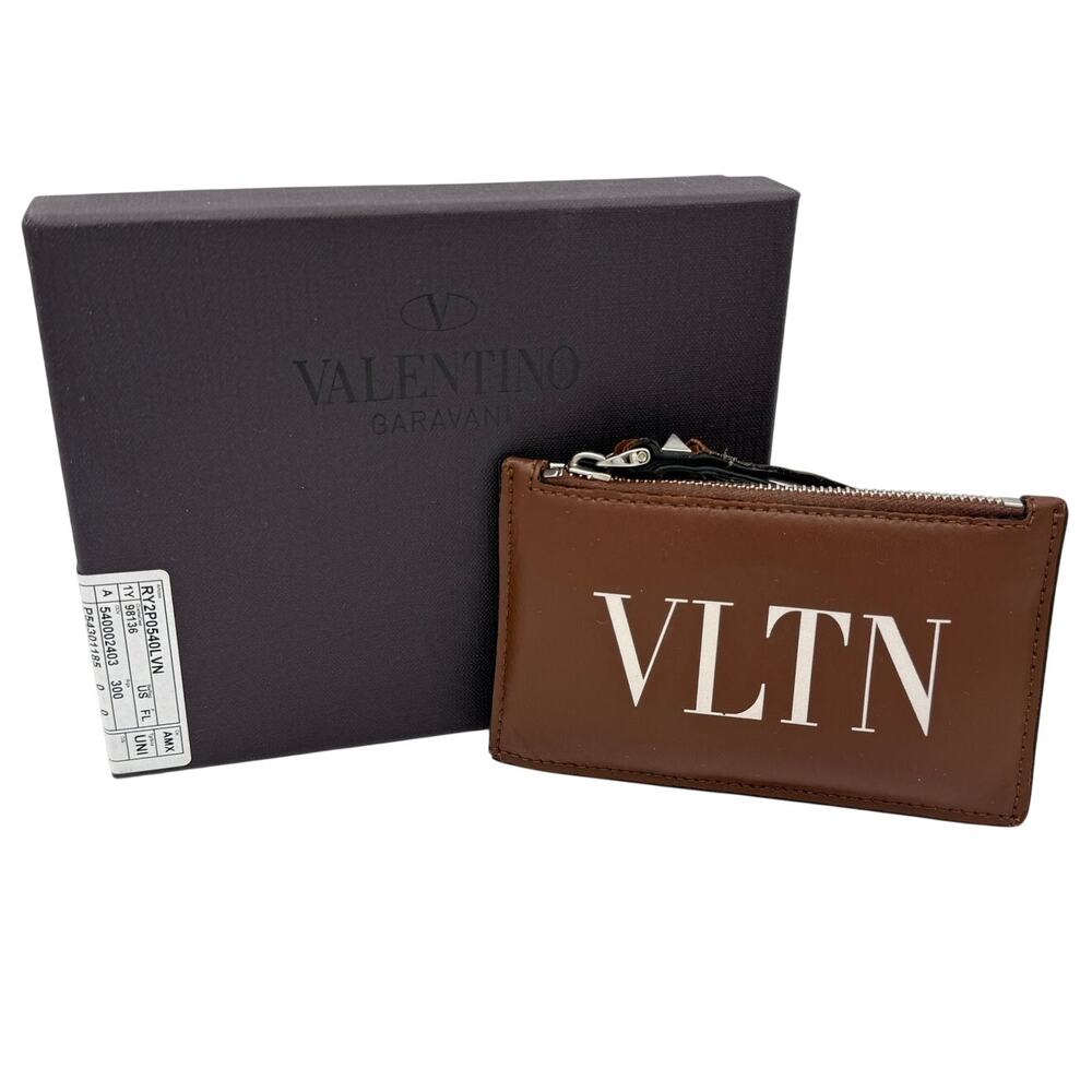 Valentino Garavani VLTN Leather Zip Card Holder Wallet Brown Logo Made in Italy